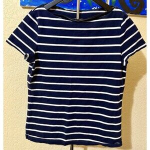 Talbots T Shirt Womens Sz Small White Navy Striped Short Sleeve Bateau Neckline